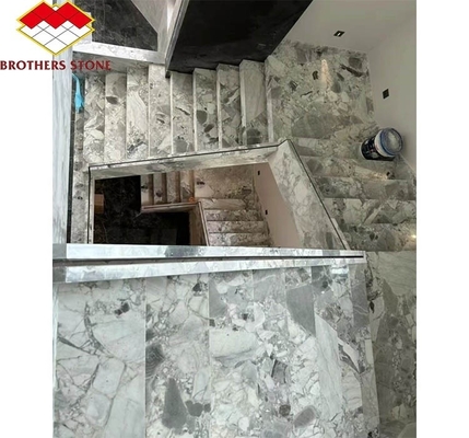 আধুনিক ইউরোপীয় স্টাইলের প্রাকৃতিক পাথরের সিঁড়ি, যার আকার অনুযায়ী কাটা বড় স্ল্যাব পোলিশ টাইলস রয়েছে