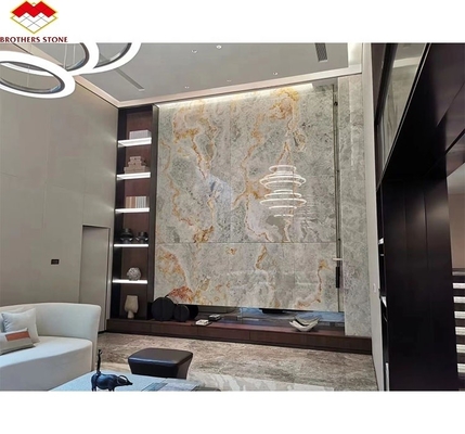 স্বর্ণ এবং নীল Onyx মার্বেল পাথর হোটেল মেঝে জন্য বিলাসিতা প্রাকৃতিক পাথর Jade স্ল্যাব নকশা