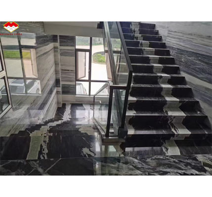 বিলাসবহুল ব্রাজিলিয়ান কসমিক ব্ল্যাক গ্রানাইট স্ল্যাব সহ ক্যালসাইট মার্বেল আধুনিক সিঁড়ি নকশা