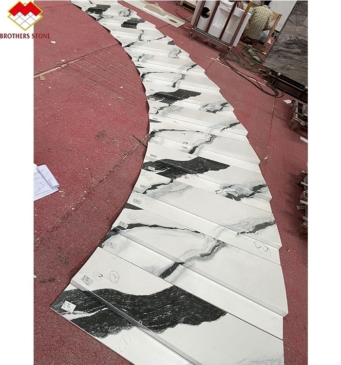 কাস্টমাইজড গ্রেড ওয়াশবো অভ্যন্তর সিঁড়ি নকশা পান্ডা সাদা মার্বেল চেহারা পোরসেলান টাইলস